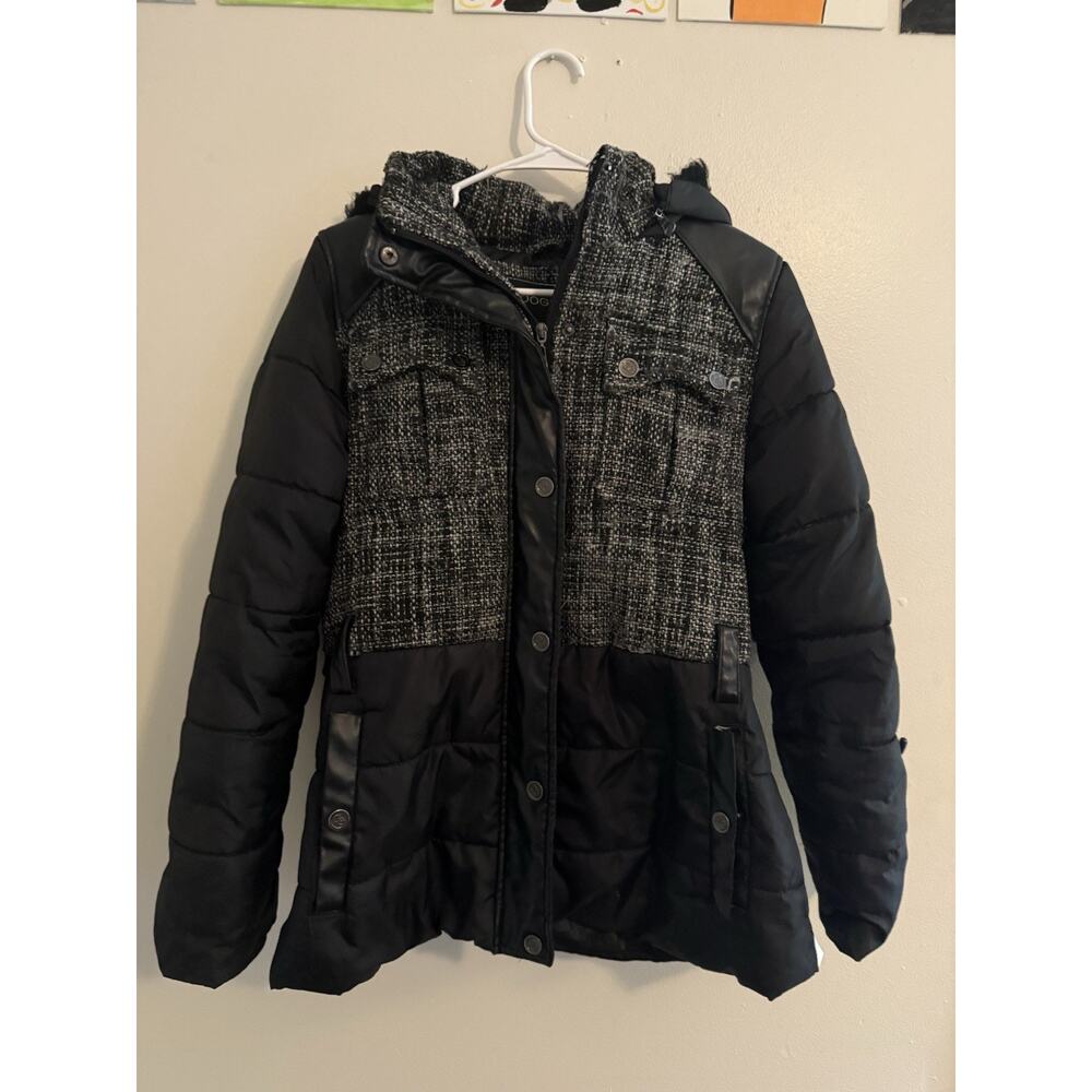 COOGI Womens L Black Tweed Puffer Jacket Faux Leather Hooded Coat